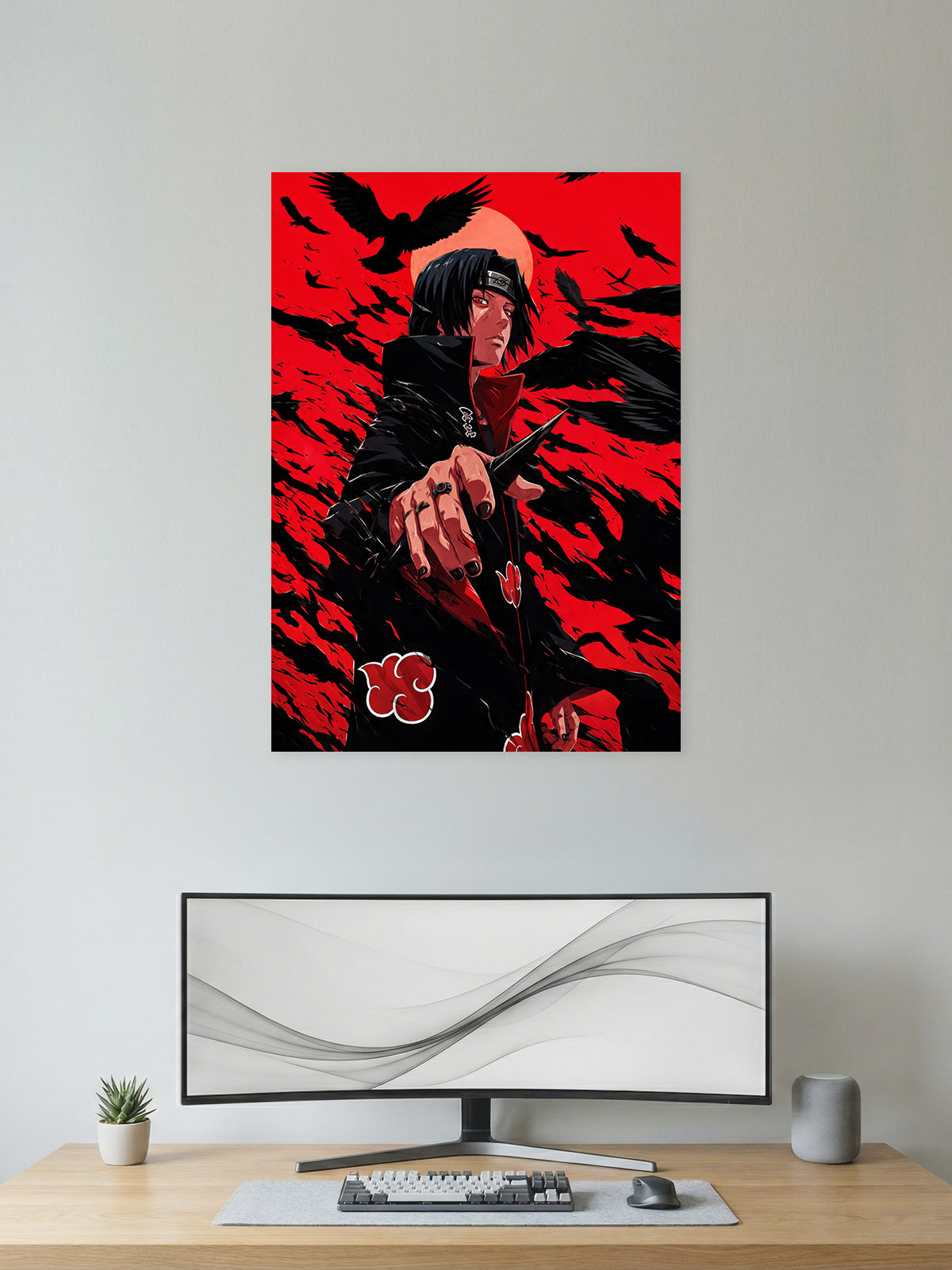 Itachi Uchiha Akatsuki Naruto Shippuden anime wall poster featuring Sharingan, crows, and premium HD artwork for bedroom, gaming room, office, and anime room decor.