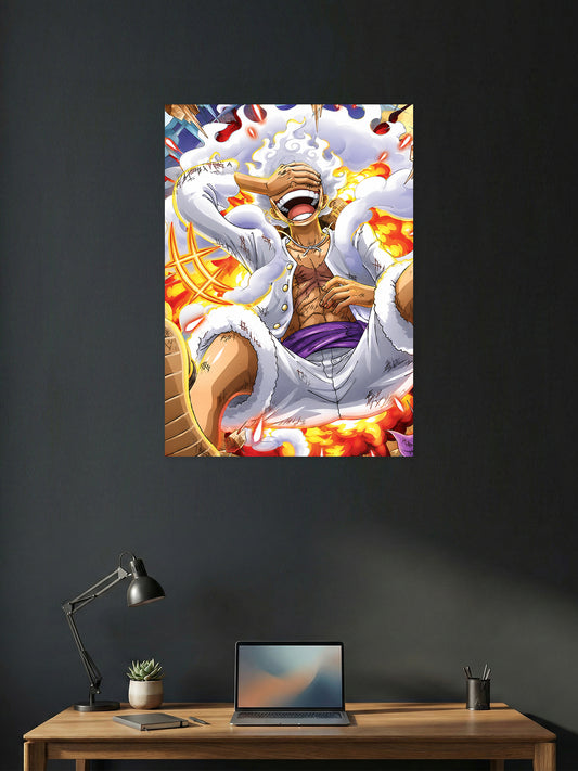 Gear 5 Monkey D. Luffy laughing One Piece anime wall poster featuring Sun God Nika transformation with premium HD artwork for bedroom, gaming room, office, and anime room decor.