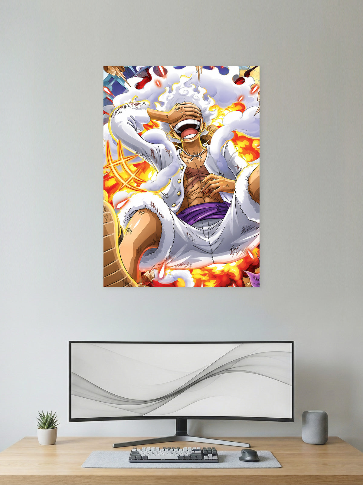 Gear 5 Monkey D. Luffy laughing One Piece anime wall poster featuring Sun God Nika transformation with premium HD artwork for bedroom, gaming room, office, and anime room decor.