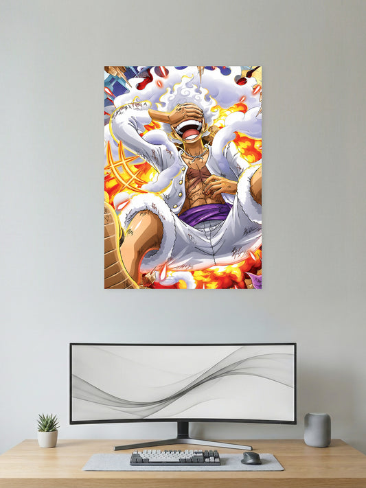 Gear 5 Monkey D. Luffy laughing One Piece anime wall poster featuring Sun God Nika transformation with premium HD artwork for bedroom, gaming room, office, and anime room decor.