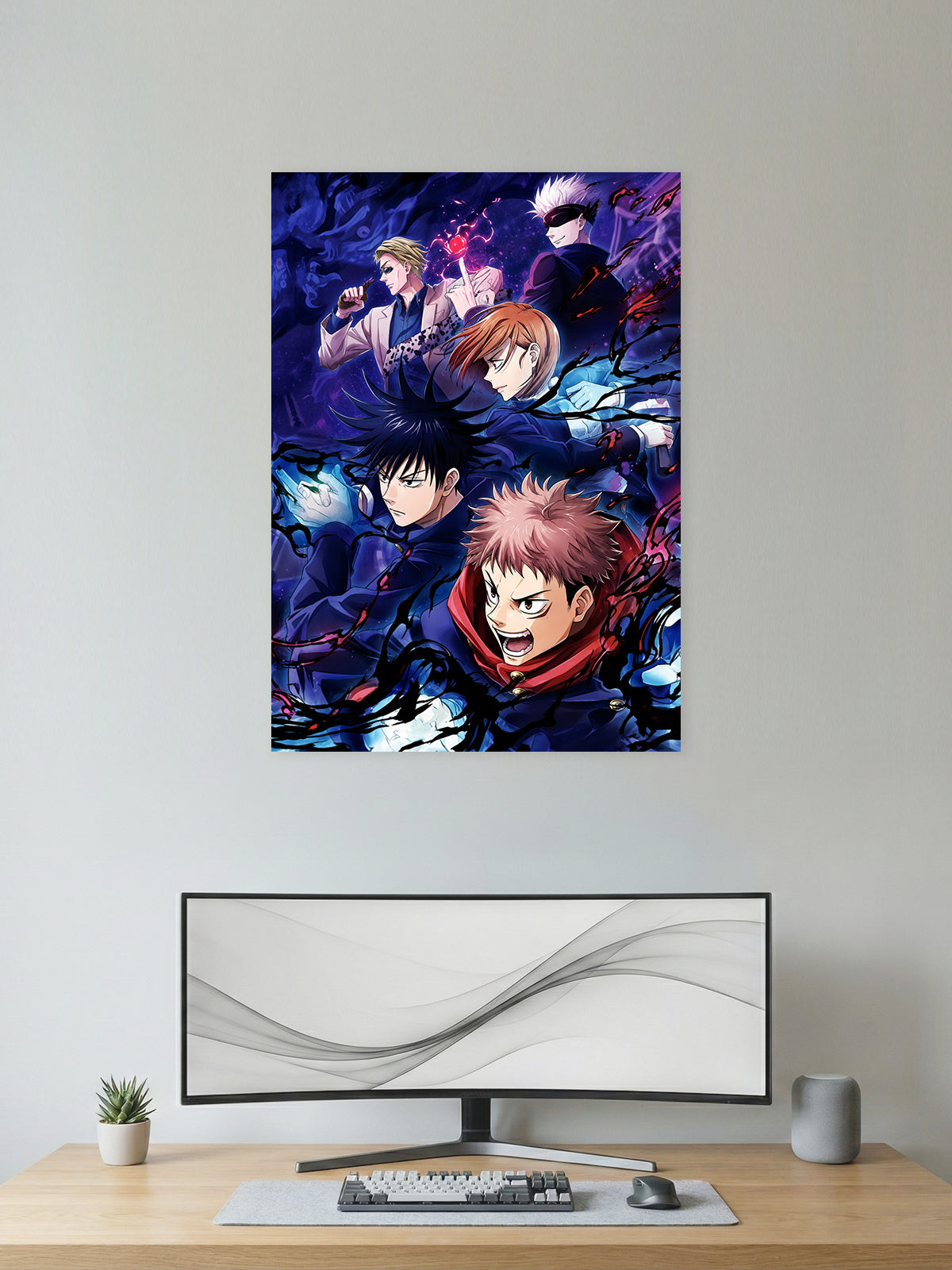 Jujutsu Kaisen anime wall poster featuring Yuji Itadori, Satoru Gojo, Megumi Fushiguro, Nobara Kugisaki, and Kento Nanami with premium HD artwork for bedroom, gaming room, office, and anime room decor.