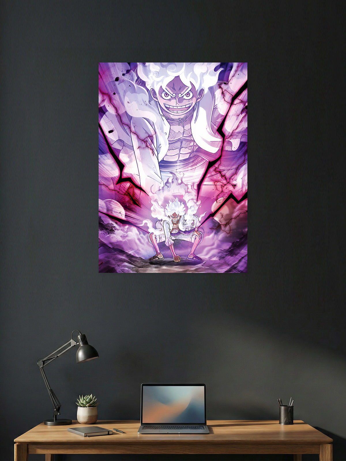 Gear 5 Monkey D. Luffy Awakening One Piece anime wall poster featuring Sun God Nika transformation with premium HD artwork for bedroom, gaming room, office, and anime room decor.
