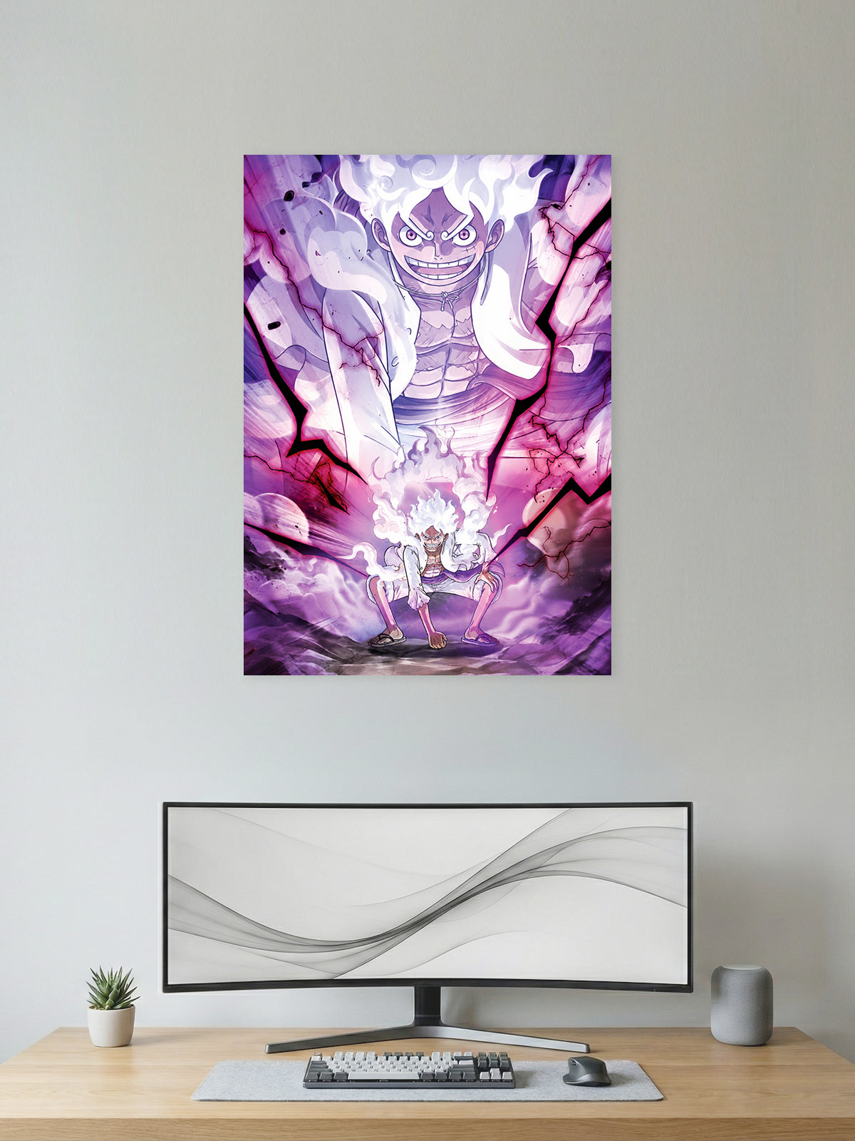 Gear 5 Monkey D. Luffy Awakening One Piece anime wall poster featuring Sun God Nika transformation with premium HD artwork for bedroom, gaming room, office, and anime room decor.