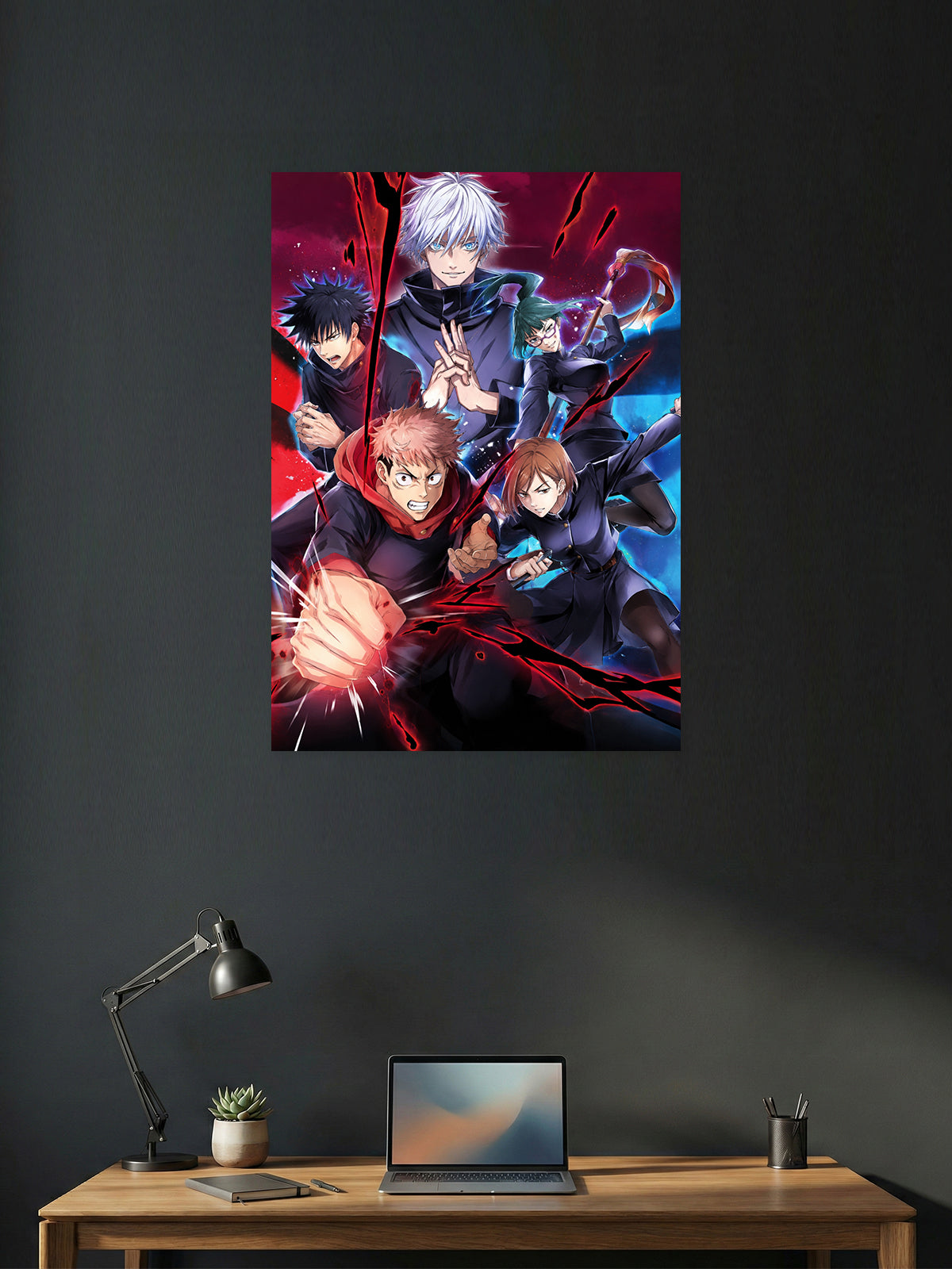 Jujutsu Kaisen anime wall poster featuring Satoru Gojo, Yuji Itadori, Megumi Fushiguro, Nobara Kugisaki, and Maki Zenin with premium HD artwork for bedroom, gaming room, office, and anime room decor.