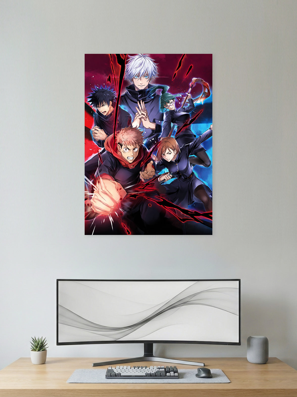 Jujutsu Kaisen anime wall poster featuring Satoru Gojo, Yuji Itadori, Megumi Fushiguro, Nobara Kugisaki, and Maki Zenin with premium HD artwork for bedroom, gaming room, office, and anime room decor.