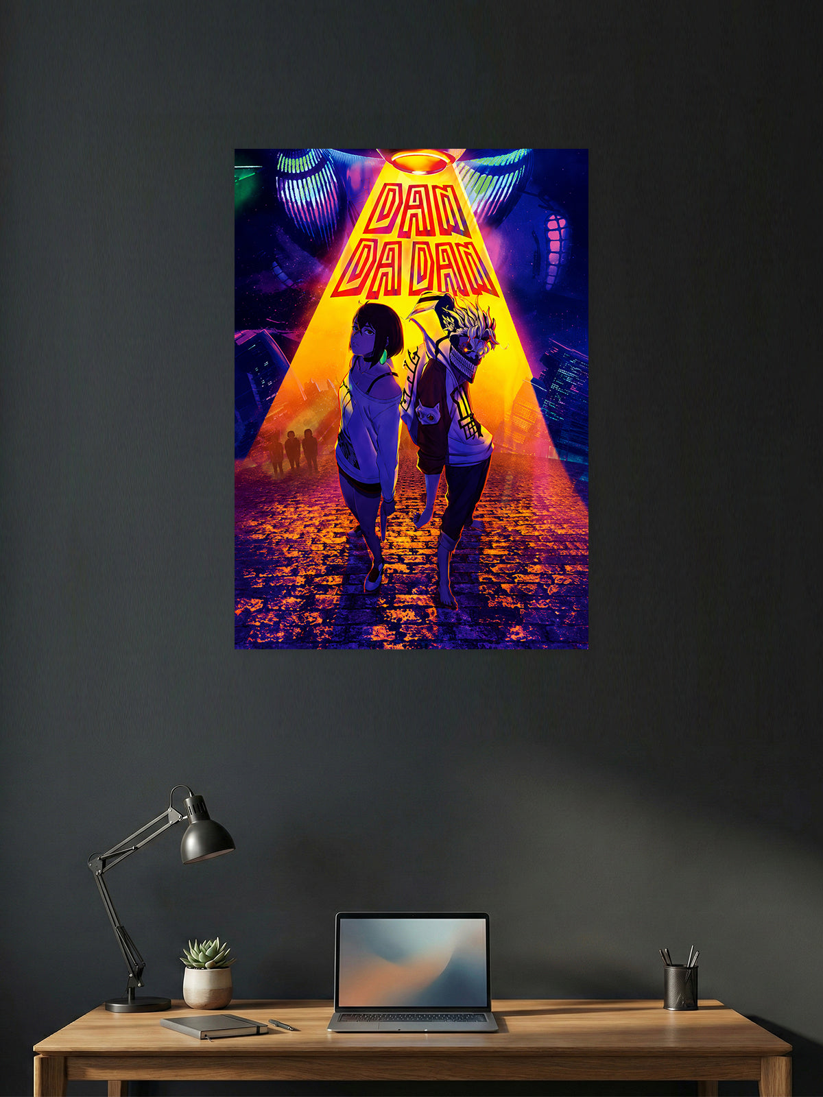 Dan Da Dan anime wall poster featuring Momo Ayase and Okarun (Ken Takakura) with vibrant premium HD artwork for bedroom, gaming room, office, and anime room decor.