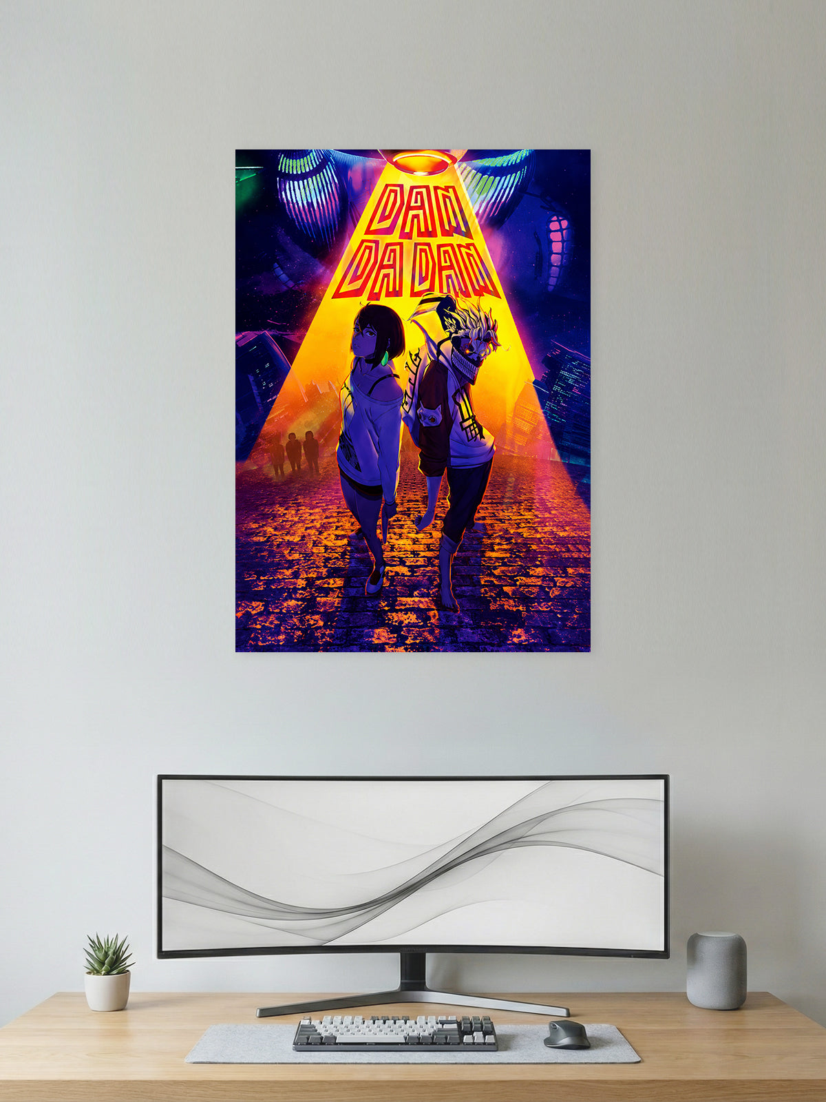 Dan Da Dan anime wall poster featuring Momo Ayase and Okarun (Ken Takakura) with vibrant premium HD artwork for bedroom, gaming room, office, and anime room decor.
