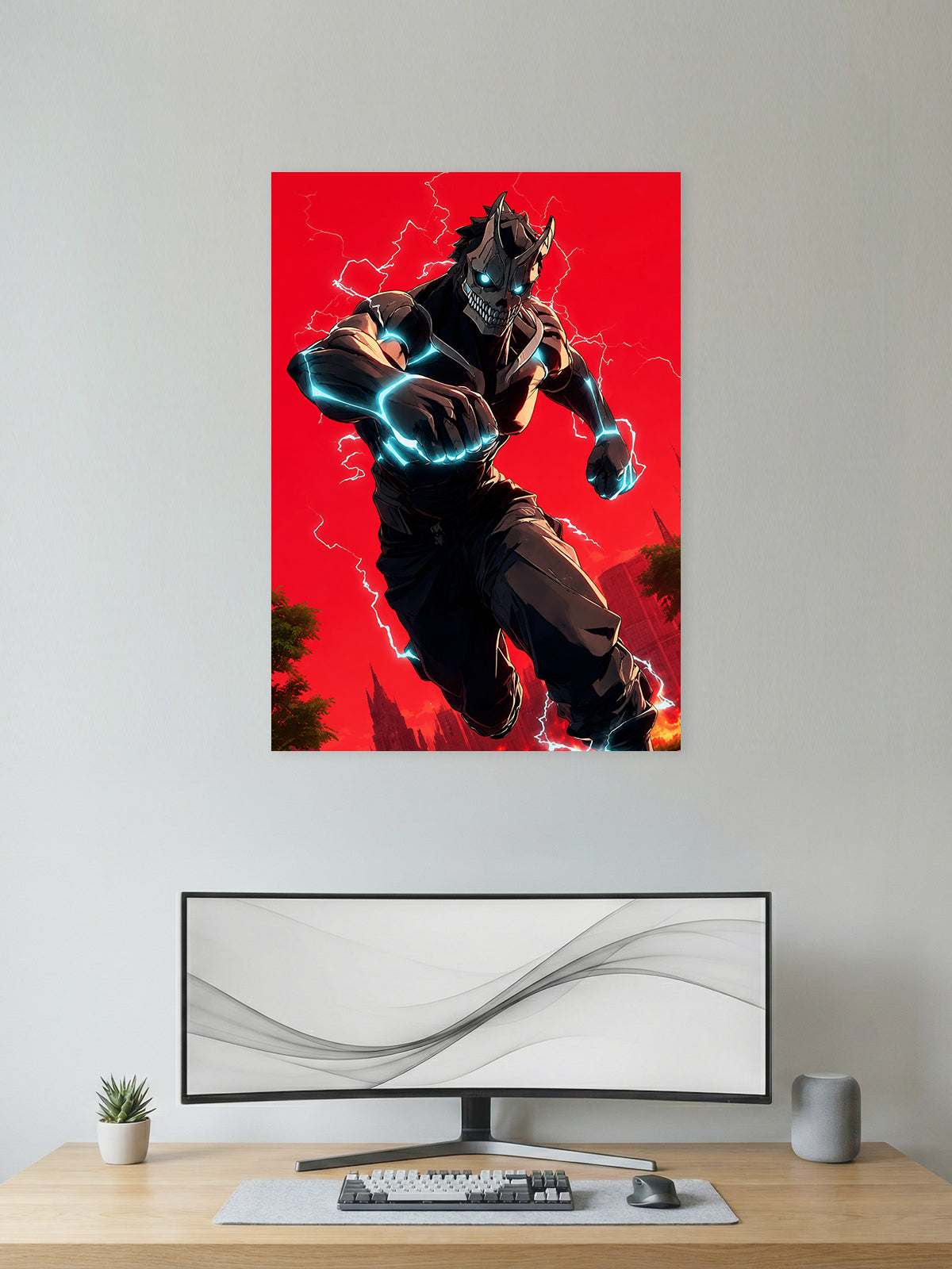 Kafka Hibino Kaiju Form anime wall poster featuring Kaiju No. 8 charging into battle with premium HD artwork for bedroom, gaming room, office, and anime room decor.