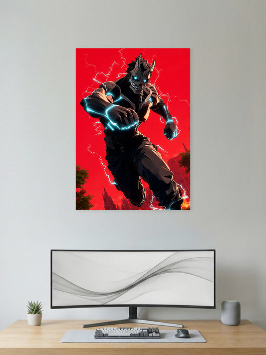 Kafka Hibino Kaiju Form anime wall poster featuring Kaiju No. 8 charging into battle with premium HD artwork for bedroom, gaming room, office, and anime room decor.