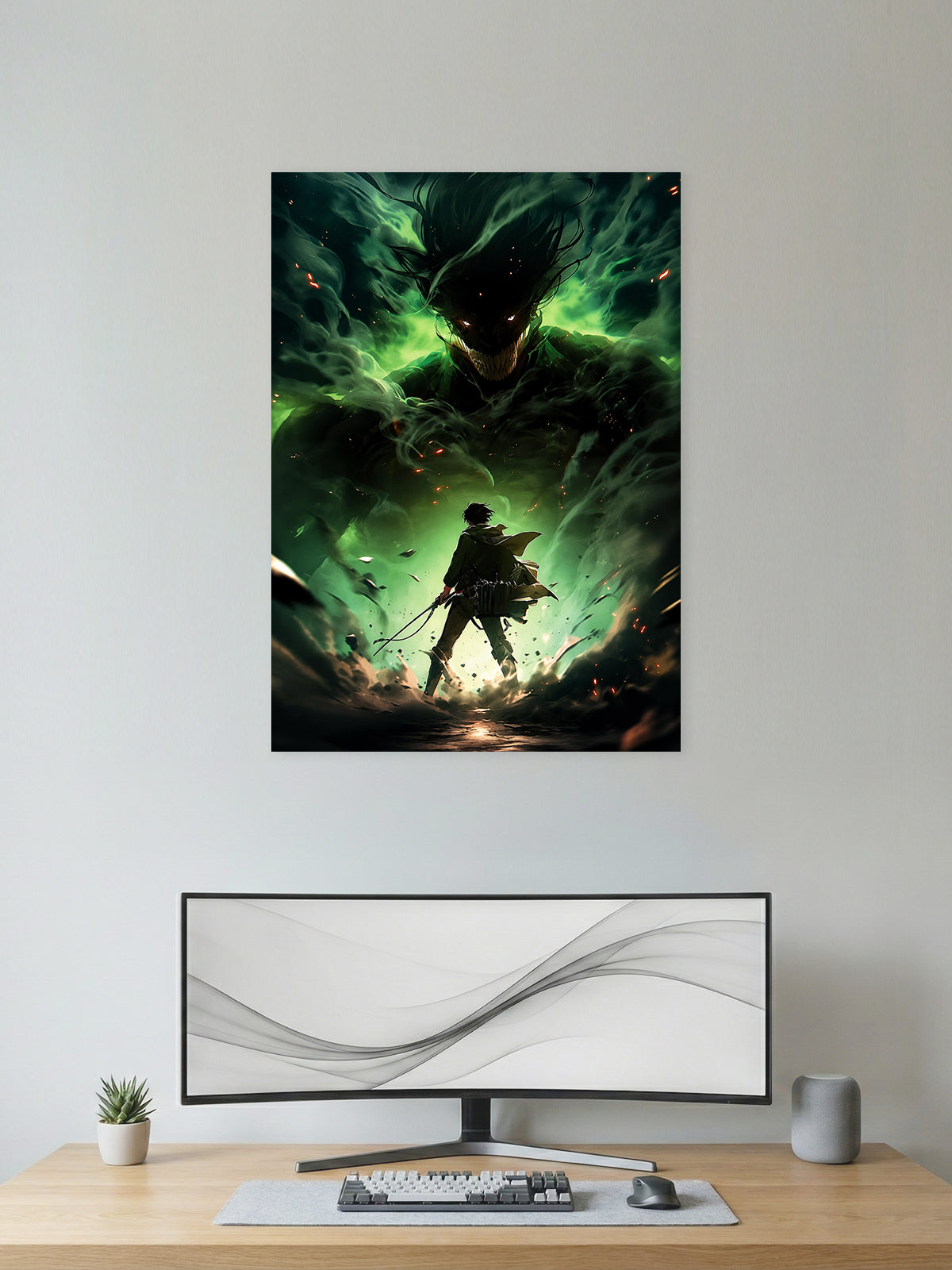 Levi Ackerman vs Beast Titan Attack on Titan anime wall poster featuring premium HD artwork for bedroom, gaming room, office, anime room decor, and manga collection.