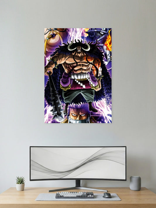 Kaido Emperor of the Sea One Piece anime wall poster featuring the Beast Pirates captain with premium HD artwork for bedroom, gaming room, office, anime room decor, and manga collection.