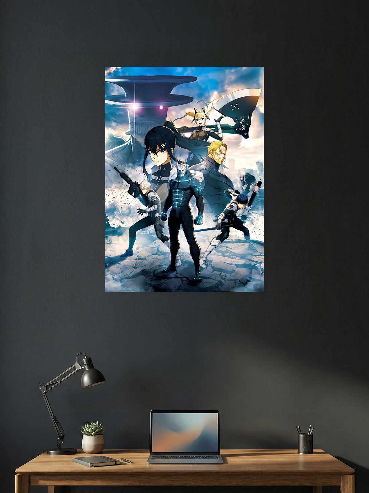 Kaiju No. 8 Defense Force anime wall poster featuring Kafka Hibino, Mina Ashiro, Kikoru Shinomiya, Reno Ichikawa, and the Japan Anti-Kaiju Defense Force with premium HD artwork for bedroom, gaming room, office, and anime room decor.