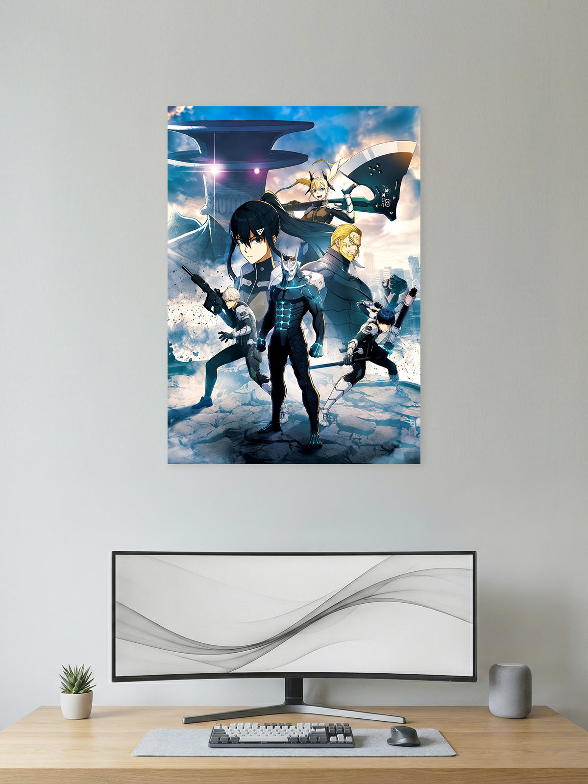 Kaiju No. 8 Defense Force anime wall poster featuring Kafka Hibino, Mina Ashiro, Kikoru Shinomiya, Reno Ichikawa, and the Japan Anti-Kaiju Defense Force with premium HD artwork for bedroom, gaming room, office, and anime room decor.