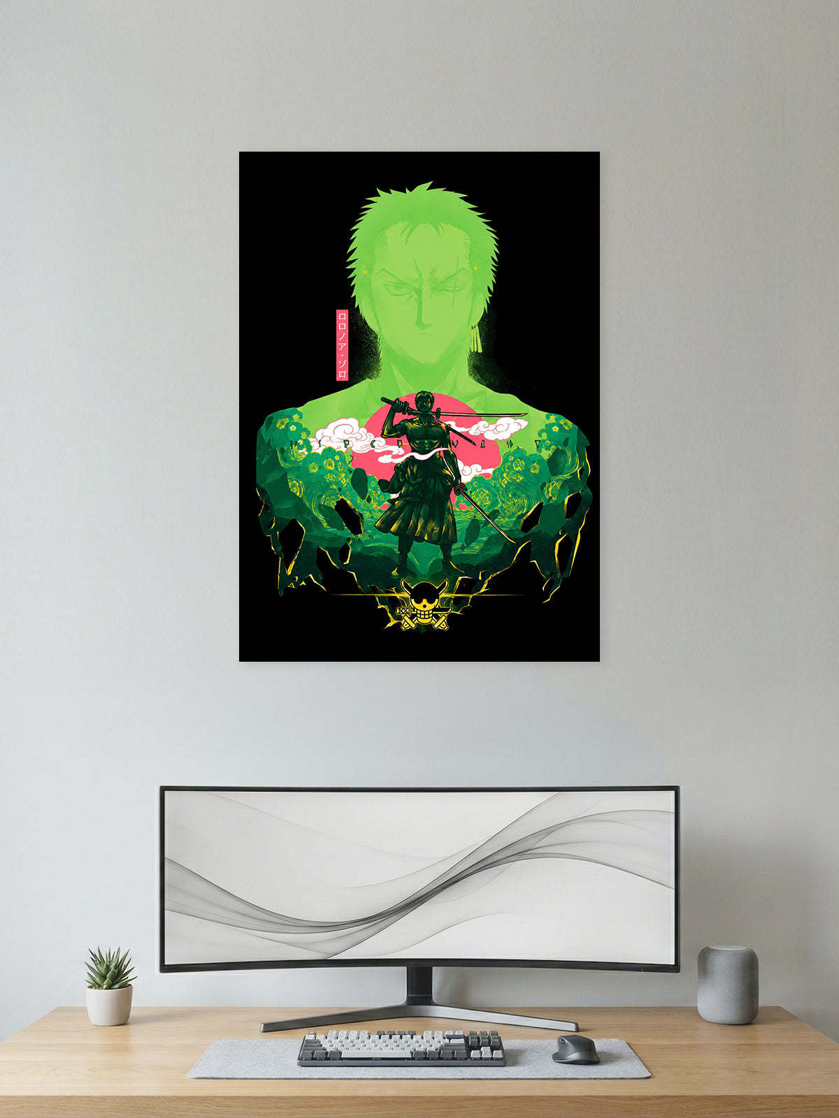Minimalist Roronoa Zoro One Piece anime poster featuring the legendary swordsman with Three Sword Style inspired artwork in premium HD quality for bedroom, gaming room, office, and anime wall decor.