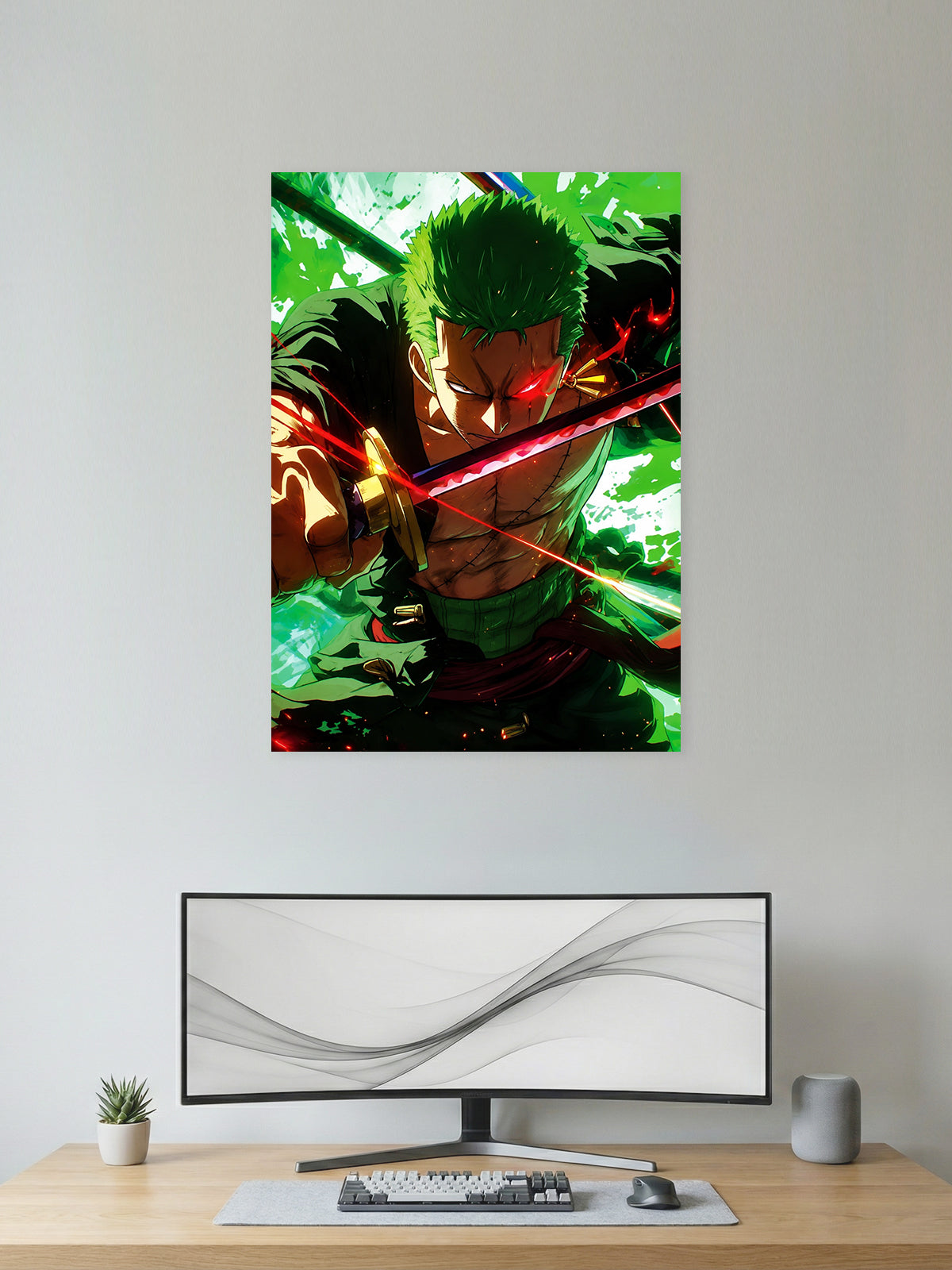 Premium Roronoa Zoro Three Sword Style One Piece anime poster featuring the legendary swordsman wielding his iconic blades with vibrant green energy and dynamic action artwork for anime wall decor.