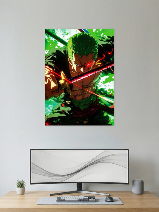 Premium Roronoa Zoro Three Sword Style One Piece anime poster featuring the legendary swordsman wielding his iconic blades with vibrant green energy and dynamic action artwork for anime wall decor.