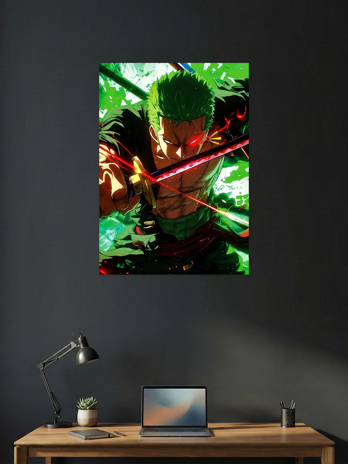 Premium Roronoa Zoro Three Sword Style One Piece anime poster featuring the legendary swordsman wielding his iconic blades with vibrant green energy and dynamic action artwork for anime wall decor.