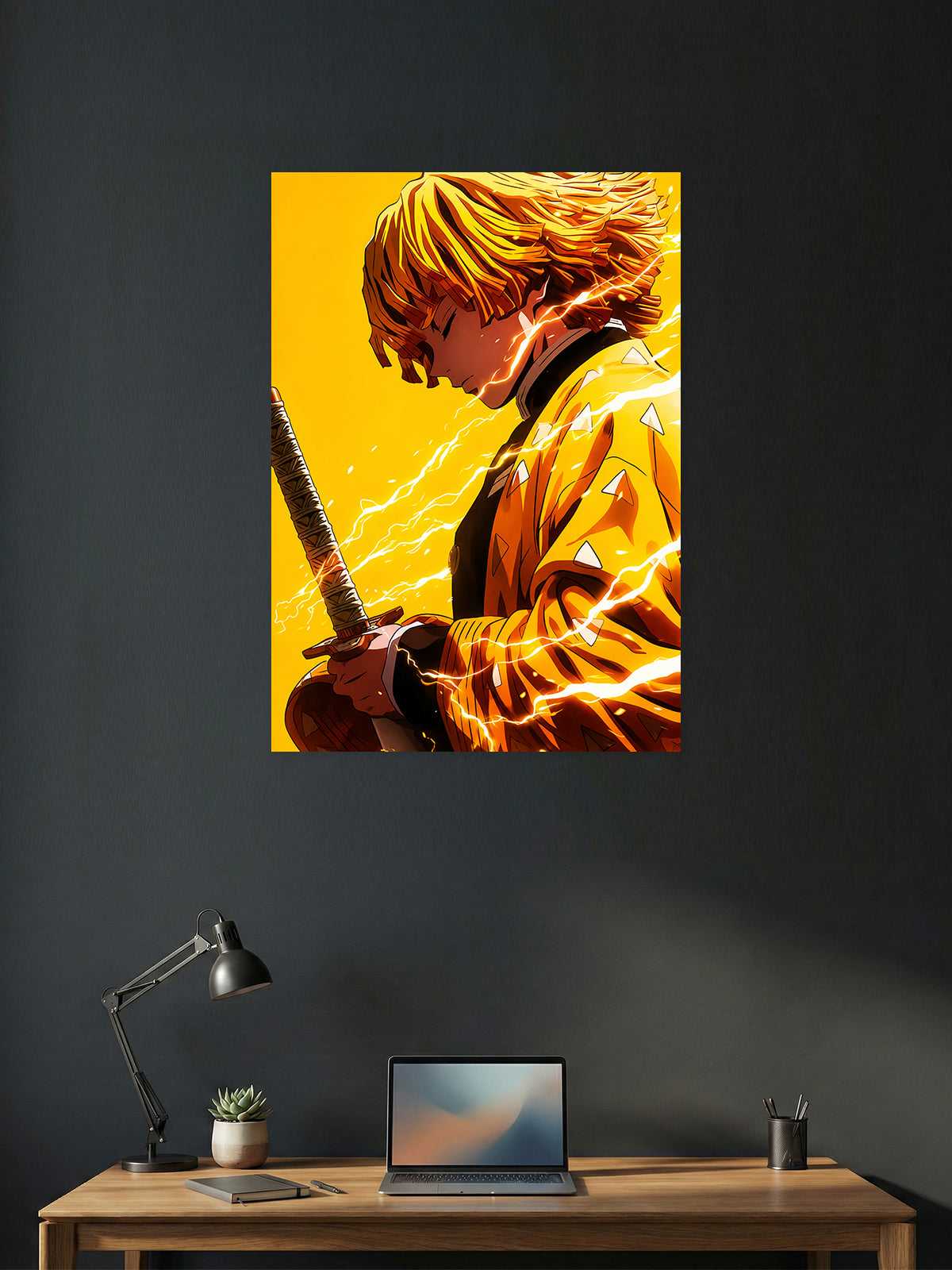 Premium Zenitsu Agatsuma Demon Slayer anime poster featuring Thunder Breathing lightning effects and vibrant golden artwork, perfect for anime wall decor, gaming rooms, bedrooms, and offices.