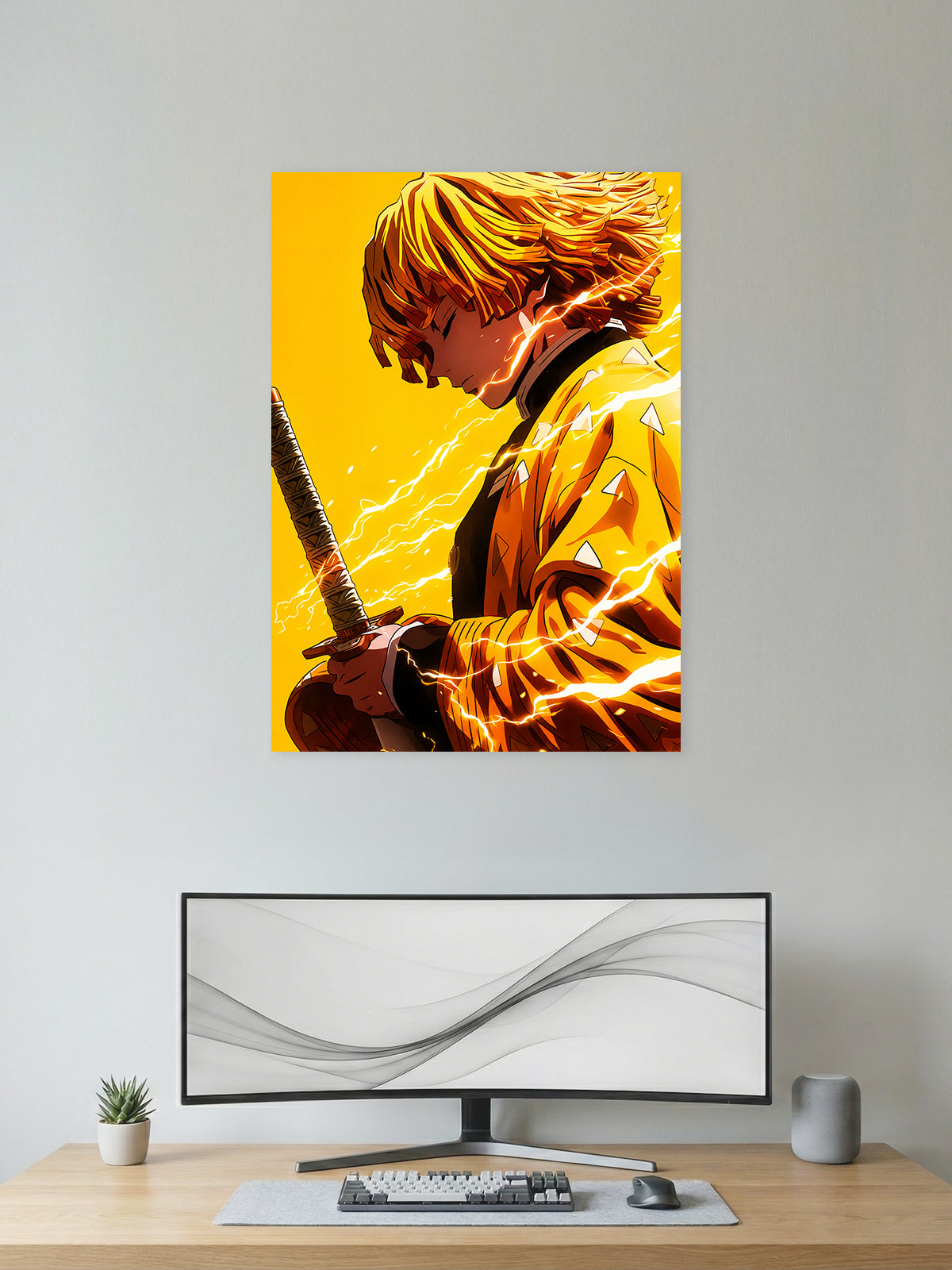 Premium Zenitsu Agatsuma Demon Slayer anime poster featuring Thunder Breathing lightning effects and vibrant golden artwork, perfect for anime wall decor, gaming rooms, bedrooms, and offices.