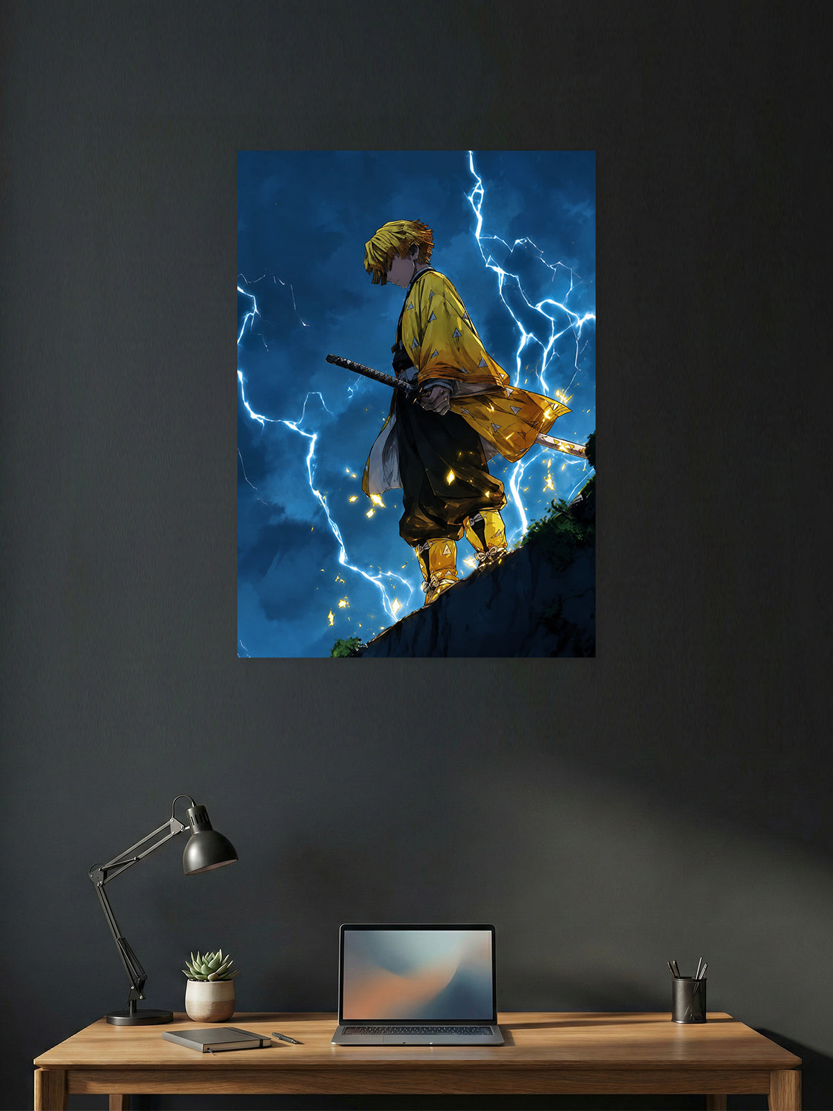 Premium Zenitsu Agatsuma Demon Slayer anime poster featuring Zenitsu standing beneath a dramatic lightning storm with cinematic blue skies and Thunder Breathing inspired artwork for anime wall decor.