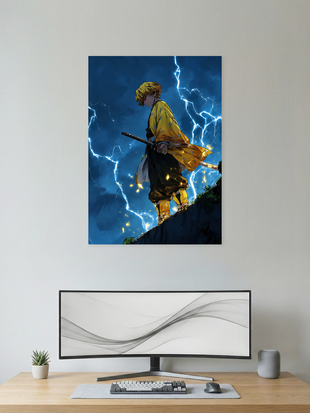 Premium Zenitsu Agatsuma Demon Slayer anime poster featuring Zenitsu standing beneath a dramatic lightning storm with cinematic blue skies and Thunder Breathing inspired artwork for anime wall decor.