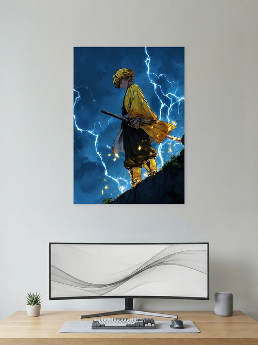 Premium Zenitsu Agatsuma Demon Slayer anime poster featuring Zenitsu standing beneath a dramatic lightning storm with cinematic blue skies and Thunder Breathing inspired artwork for anime wall decor.