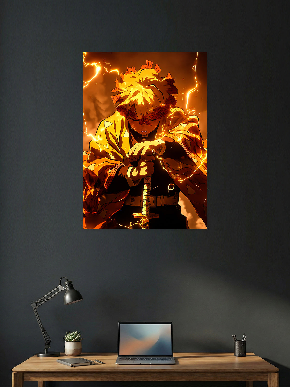 Premium Zenitsu Agatsuma Demon Slayer anime poster featuring Zenitsu in his Thunder Breathing stance with glowing golden lightning effects, perfect for anime wall decor, gaming rooms, bedrooms, and offices.