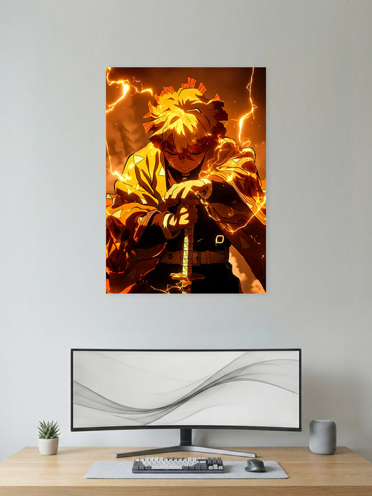 Premium Zenitsu Agatsuma Demon Slayer anime poster featuring Zenitsu in his Thunder Breathing stance with glowing golden lightning effects, perfect for anime wall decor, gaming rooms, bedrooms, and offices.