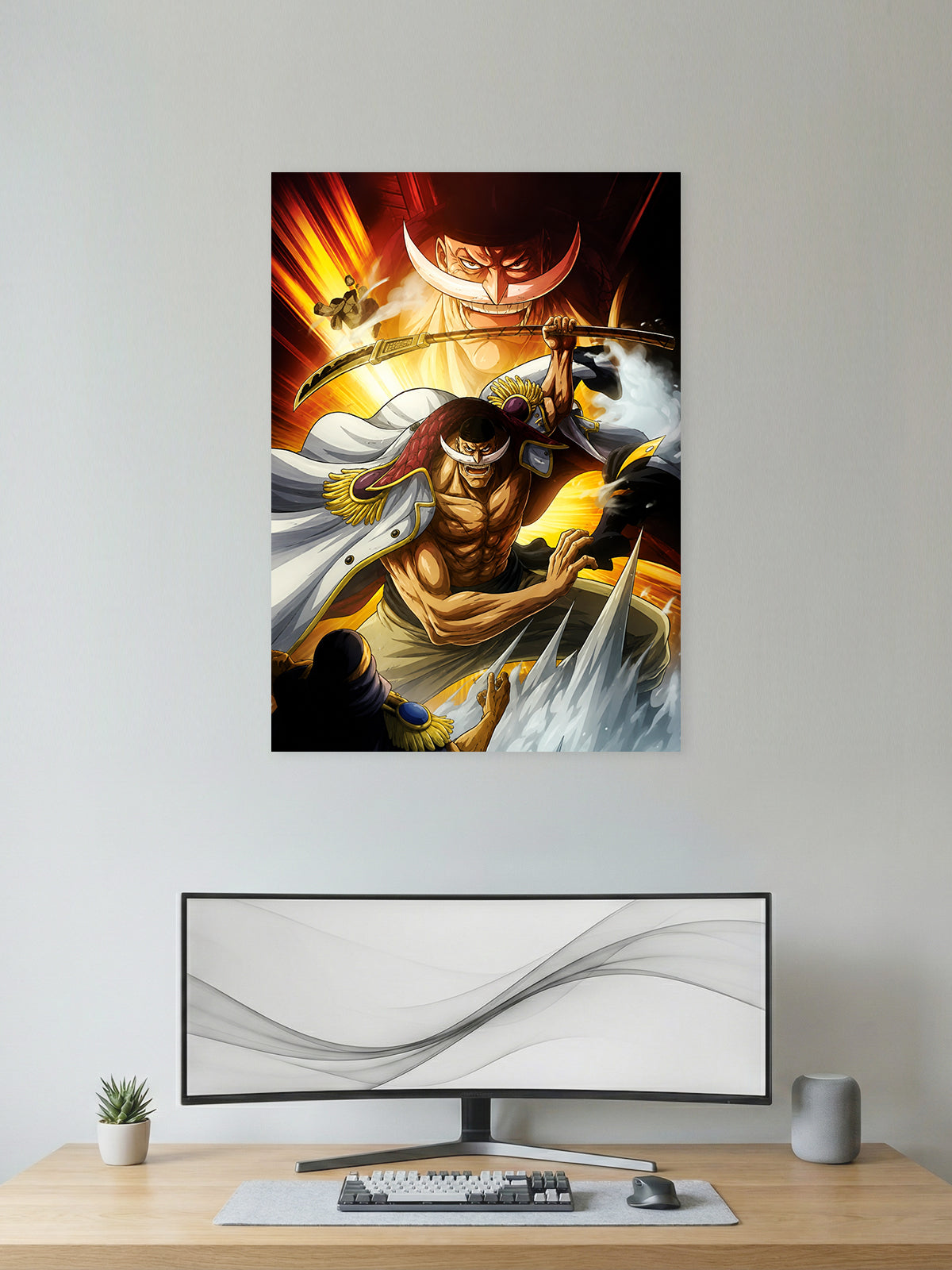 Premium Edward Newgate Whitebeard One Piece anime poster featuring the legendary captain wielding his bisento in an epic battle scene with cinematic lighting, perfect for anime wall decor, gaming rooms, bedrooms, and offices.