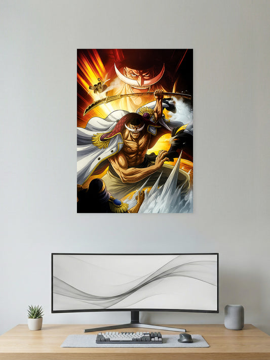 Premium Edward Newgate Whitebeard One Piece anime poster featuring the legendary captain wielding his bisento in an epic battle scene with cinematic lighting, perfect for anime wall decor, gaming rooms, bedrooms, and offices.
