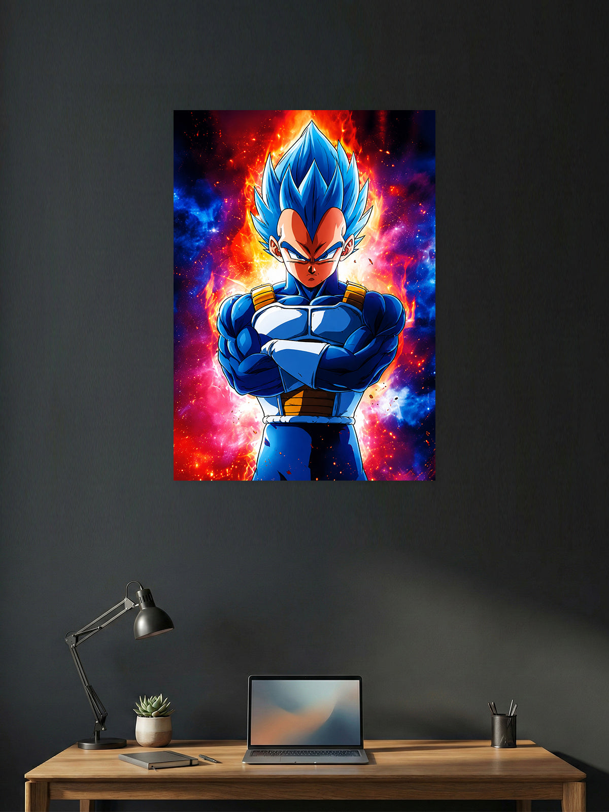 Premium Dragon Ball anime poster featuring Super Saiyan Blue Vegeta with a blazing cosmic aura in vibrant HD artwork, perfect for anime wall décor, gaming rooms, bedrooms, offices, and collectors.