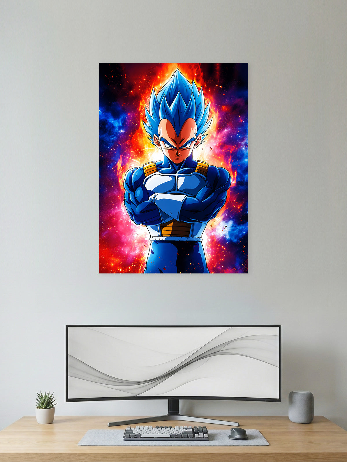 Premium Dragon Ball anime poster featuring Super Saiyan Blue Vegeta with a blazing cosmic aura in vibrant HD artwork, perfect for anime wall décor, gaming rooms, bedrooms, offices, and collectors.