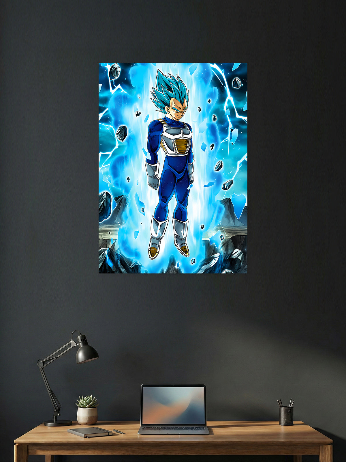 Premium Dragon Ball anime poster featuring Super Saiyan Blue Vegeta powering up with a brilliant blue aura and floating rocks in vibrant HD artwork, perfect for gaming rooms, bedrooms, offices, and anime collections.