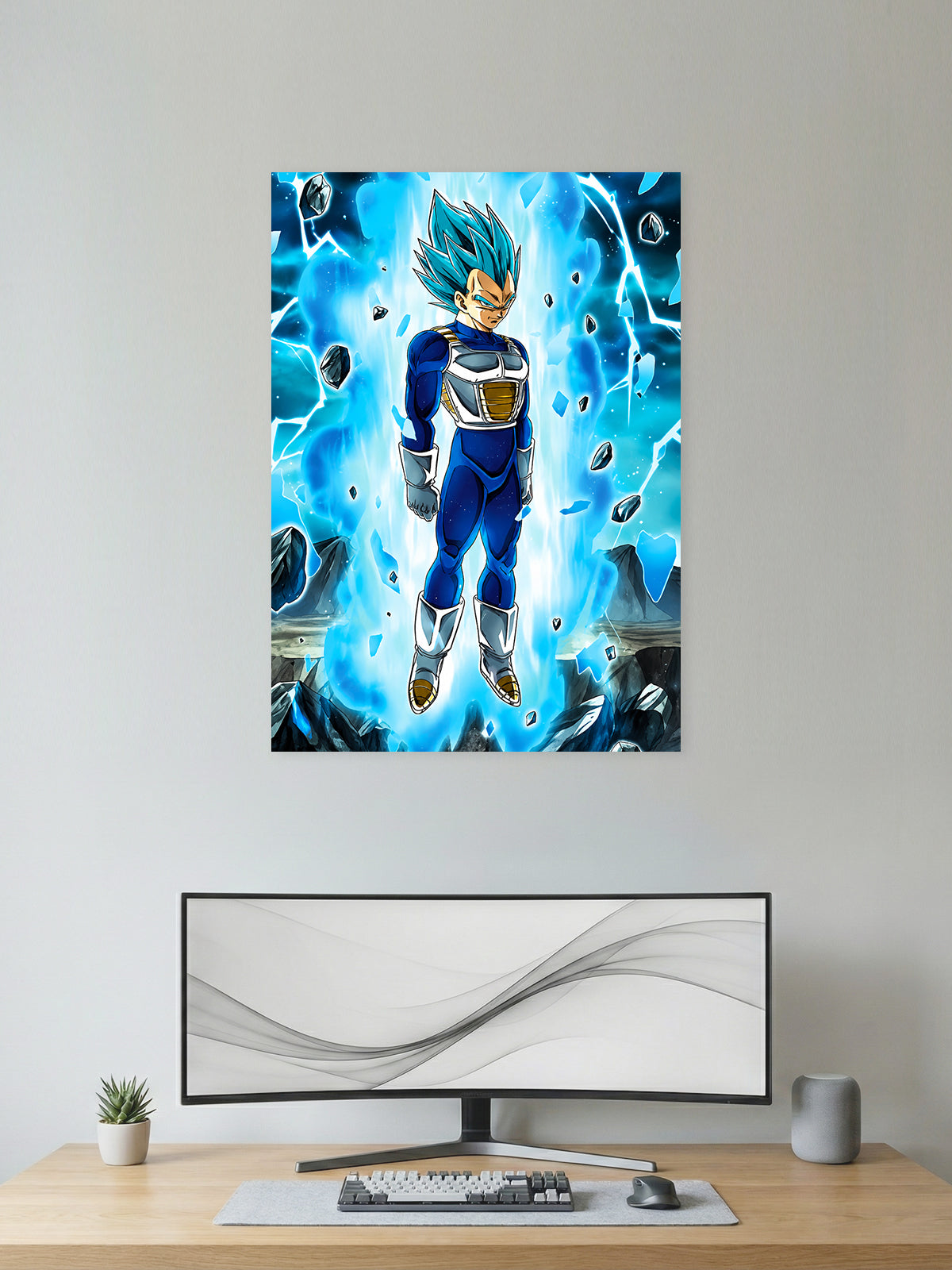 Premium Dragon Ball anime poster featuring Super Saiyan Blue Vegeta powering up with a brilliant blue aura and floating rocks in vibrant HD artwork, perfect for gaming rooms, bedrooms, offices, and anime collections.