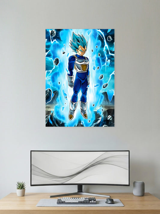 Premium Dragon Ball anime poster featuring Super Saiyan Blue Vegeta powering up with a brilliant blue aura and floating rocks in vibrant HD artwork, perfect for gaming rooms, bedrooms, offices, and anime collections.