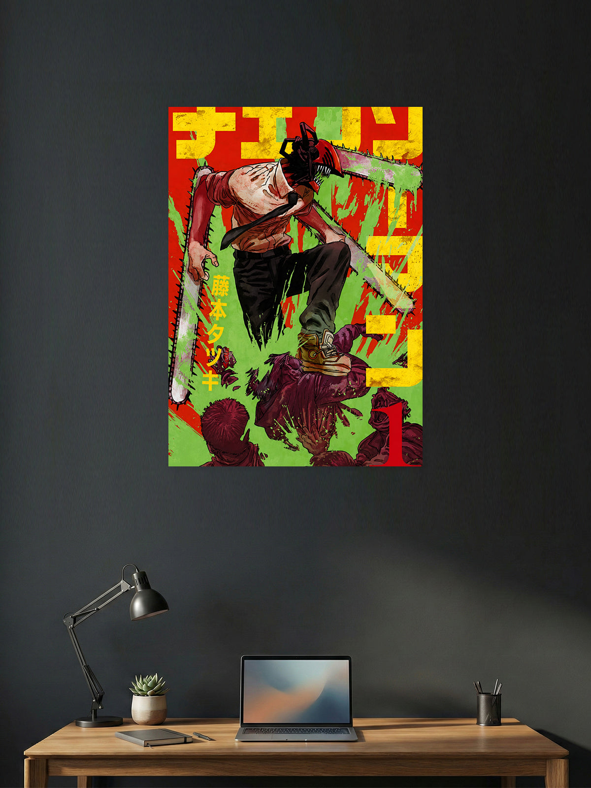 Premium Chainsaw Man anime poster featuring Denji in his Chainsaw Man transformation battling enemies with chainsaw blades in vibrant HD artwork, perfect for gaming rooms, bedrooms, offices, and anime collections.