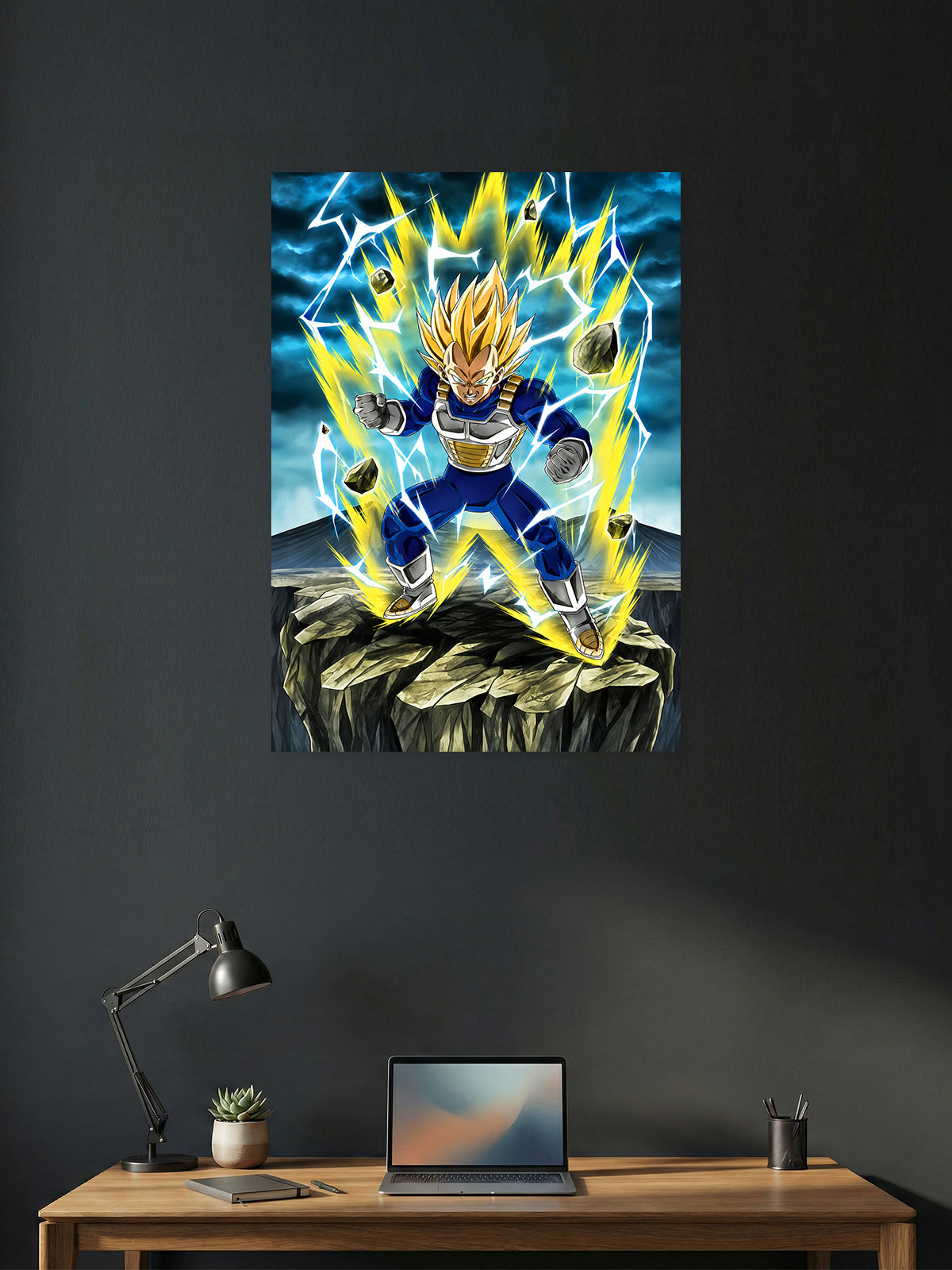 Premium Dragon Ball Z anime poster featuring Super Saiyan Vegeta powering up with golden aura, lightning, and floating rocks in vibrant HD artwork, perfect for gaming rooms, bedrooms, offices, and anime collections.