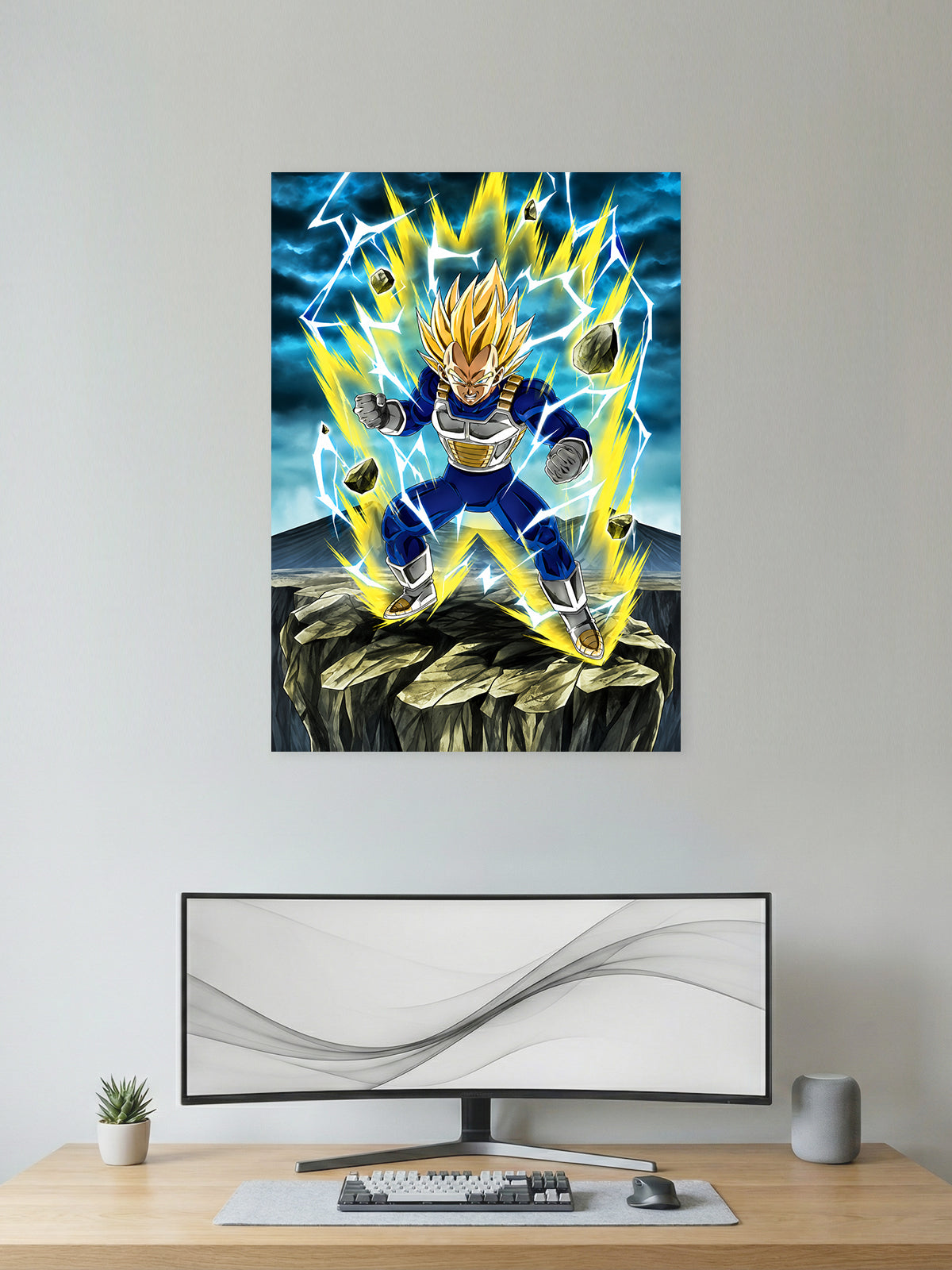Premium Dragon Ball Z anime poster featuring Super Saiyan Vegeta powering up with golden aura, lightning, and floating rocks in vibrant HD artwork, perfect for gaming rooms, bedrooms, offices, and anime collections.