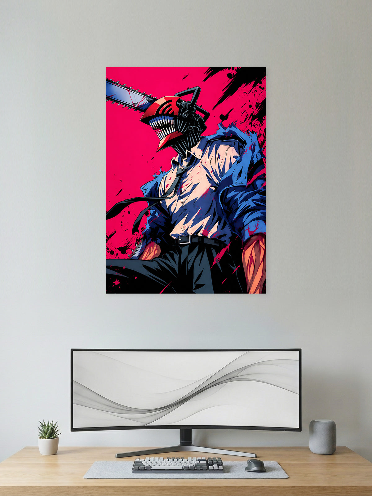 Premium Chainsaw Man anime poster featuring Denji in his Chainsaw Man transformation against a bold crimson background in vibrant HD artwork, perfect for gaming rooms, bedrooms, offices, and anime collections.