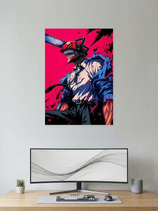 Premium Chainsaw Man anime poster featuring Denji in his Chainsaw Man transformation against a bold crimson background in vibrant HD artwork, perfect for gaming rooms, bedrooms, offices, and anime collections.