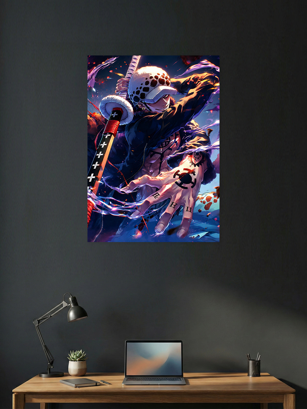Premium One Piece anime poster featuring Trafalgar Law wielding his signature sword and Ope Ope no Mi powers in vibrant HD artwork, perfect for gaming rooms, bedrooms, offices, and anime collections.
