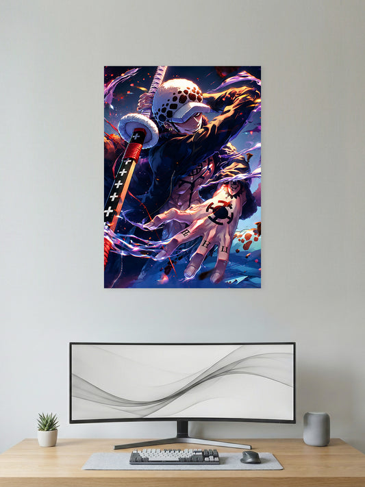 Premium One Piece anime poster featuring Trafalgar Law wielding his signature sword and Ope Ope no Mi powers in vibrant HD artwork, perfect for gaming rooms, bedrooms, offices, and anime collections.
