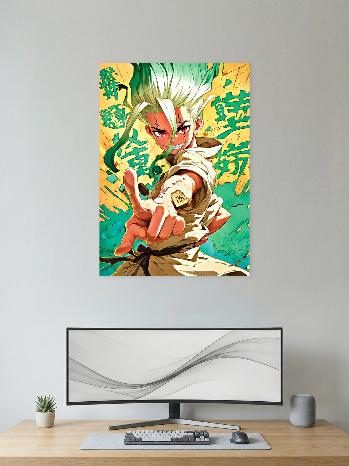 Premium Dr. STONE anime poster featuring Senku Ishigami in vibrant HD artwork, perfect for bedrooms, gaming rooms, study spaces, offices, and anime wall decor.