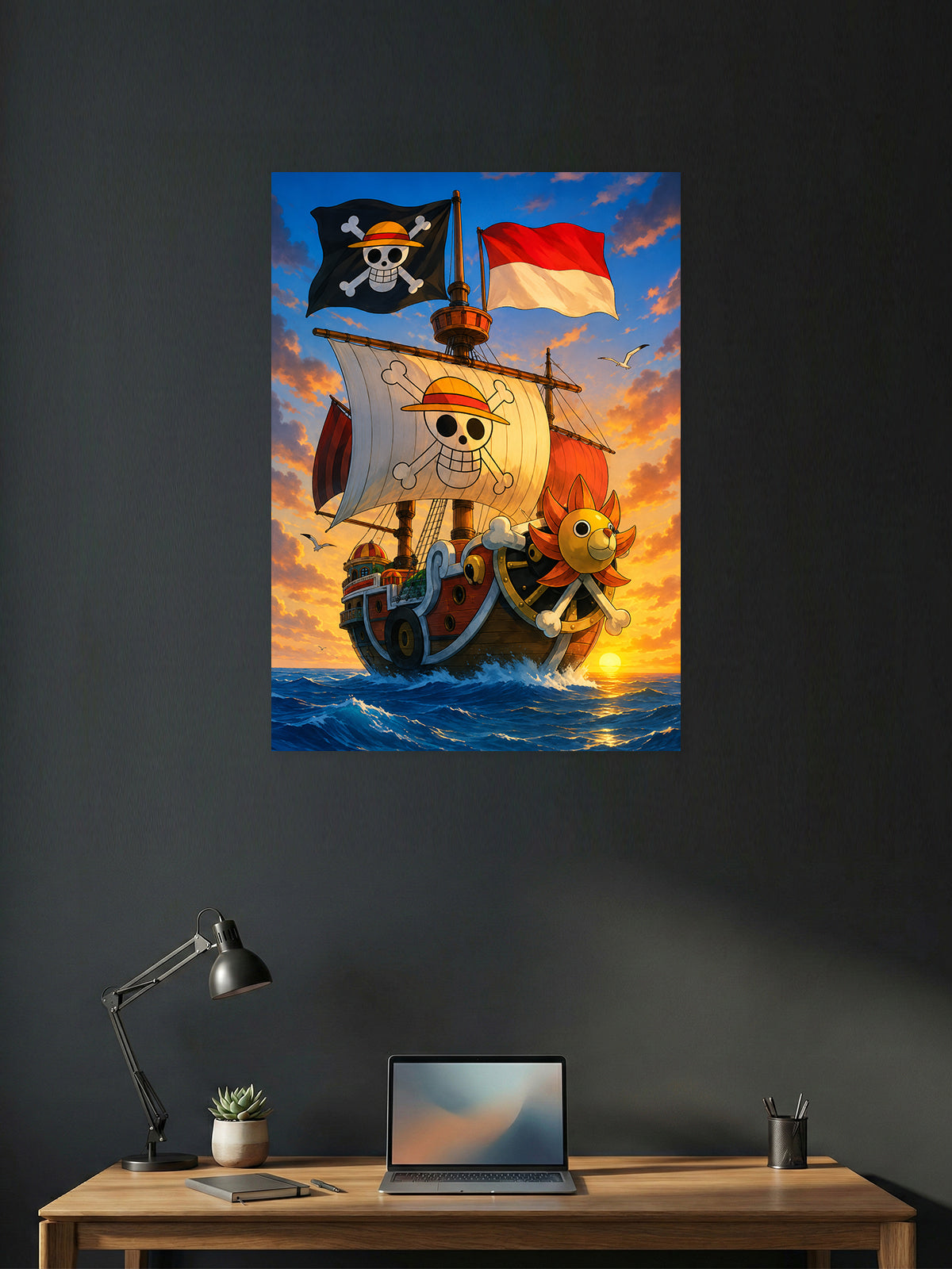 Premium One Piece anime poster featuring the Going Merry pirate ship sailing at sunset with the Straw Hat Jolly Roger, perfect for bedrooms, gaming rooms, study spaces, offices, and anime wall decor.