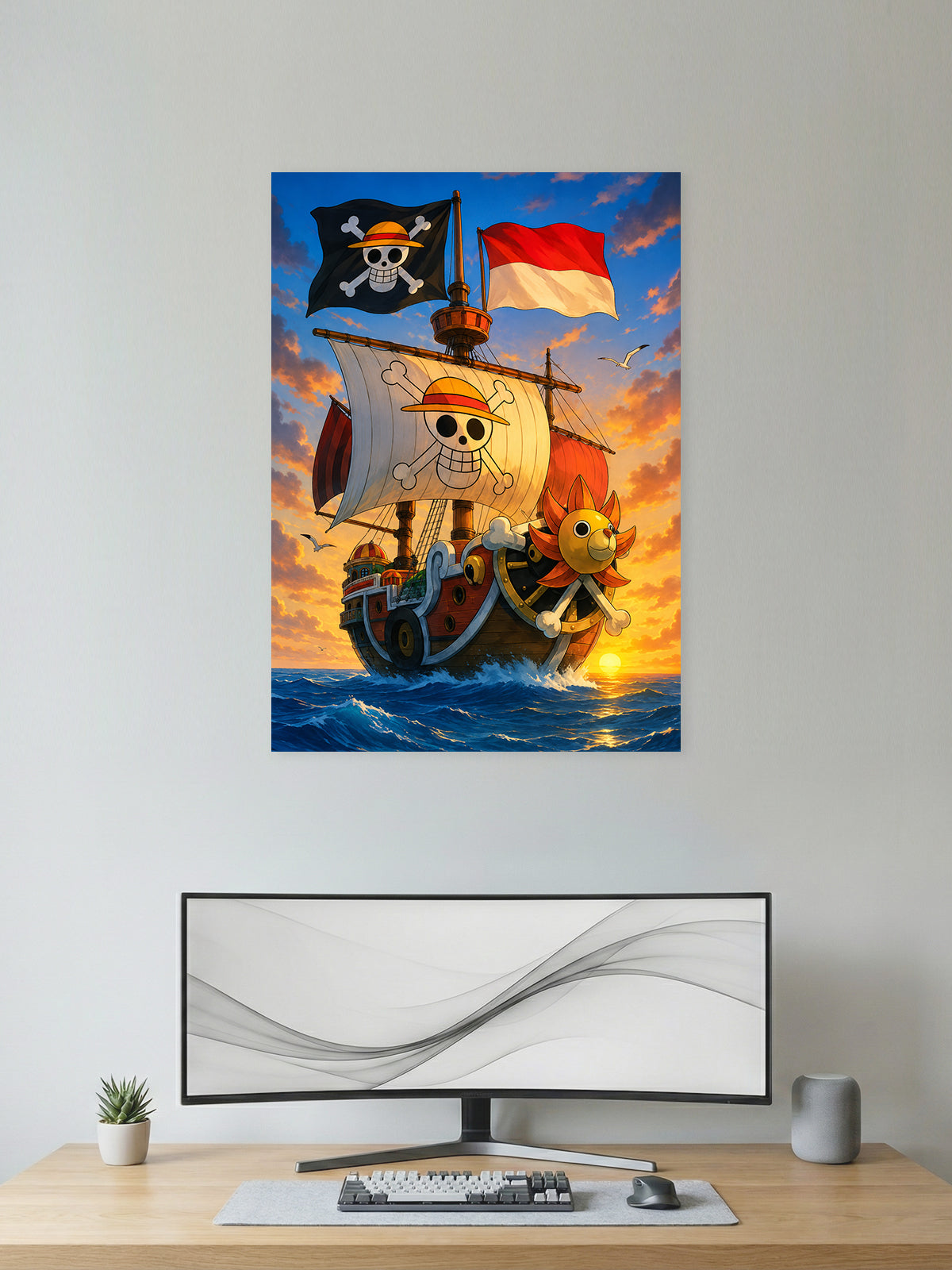 Premium One Piece anime poster featuring the Going Merry pirate ship sailing at sunset with the Straw Hat Jolly Roger, perfect for bedrooms, gaming rooms, study spaces, offices, and anime wall decor.