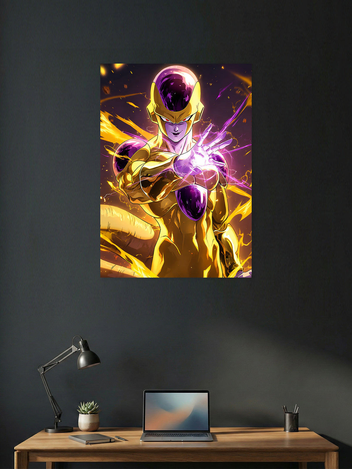 Premium Dragon Ball Super anime poster featuring Golden Frieza in his iconic transformation with a glowing energy attack, perfect for bedrooms, gaming rooms, study spaces, offices, and anime wall decor.