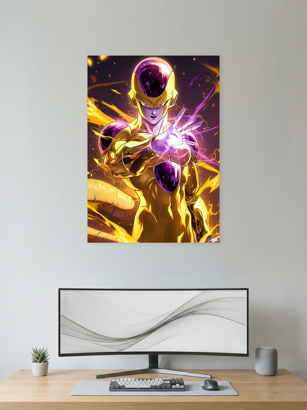 Premium Dragon Ball Super anime poster featuring Golden Frieza in his iconic transformation with a glowing energy attack, perfect for bedrooms, gaming rooms, study spaces, offices, and anime wall decor.