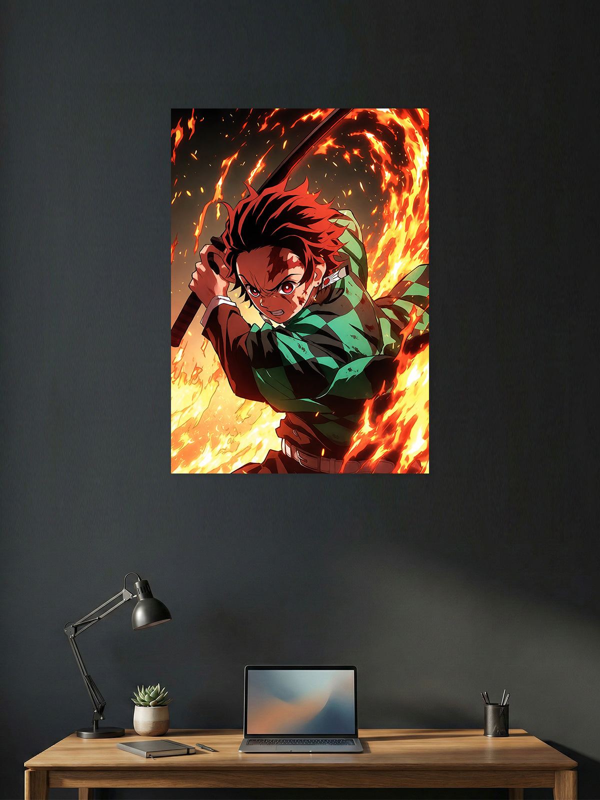Premium Demon Slayer anime poster featuring Tanjiro Kamado performing a fiery sword attack with blazing flame effects, perfect for bedrooms, gaming rooms, study spaces, offices, and anime wall decor.