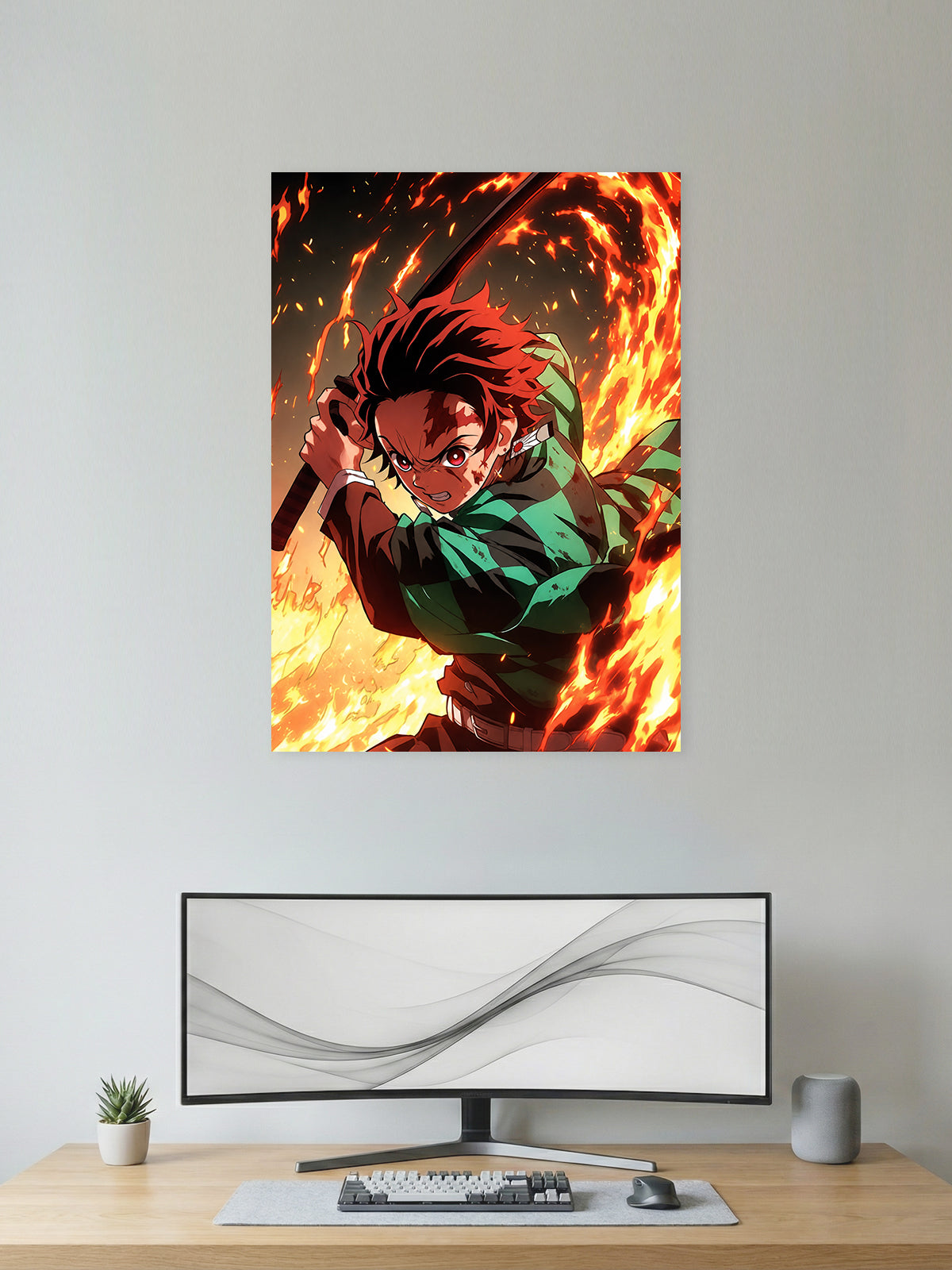 Premium Demon Slayer anime poster featuring Tanjiro Kamado performing a fiery sword attack with blazing flame effects, perfect for bedrooms, gaming rooms, study spaces, offices, and anime wall decor.