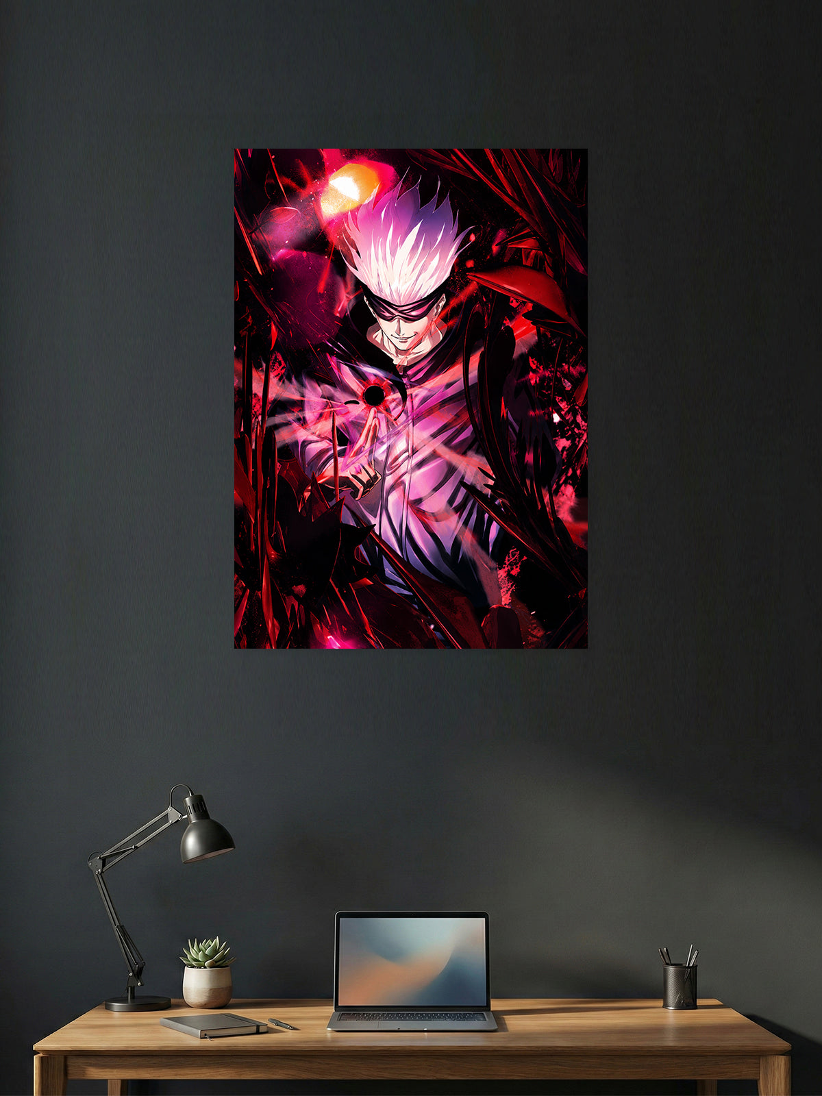 Premium Jujutsu Kaisen anime poster featuring Satoru Gojo using Hollow Purple with intense crimson cursed energy, perfect for bedrooms, gaming rooms, study spaces, offices, and anime wall decor.
